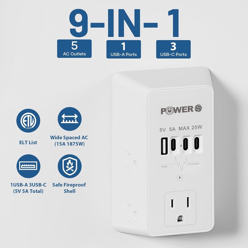 POWERS Electrical Outlet Extender with USB Ports (3C1A), Snug Wall Outlet, Surge Protector, Wall Plug Adapter for Multiple Devices, Wall Socket Expander - Image 3